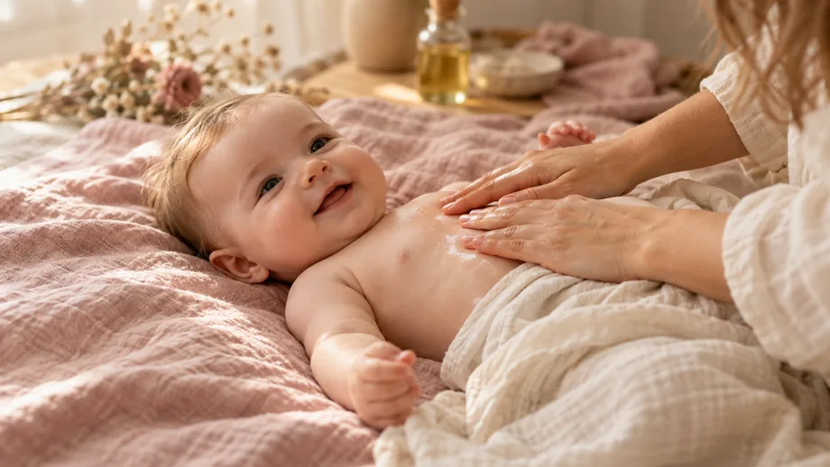Un bébé souriant, couvert d'un lange crème, reçoit un massage du ventre par les mains de sa maman