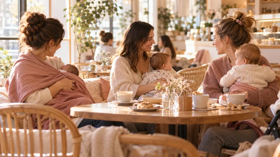 Plusieurs mamans réunies, dont une qui nourrit son bébé sous un châle