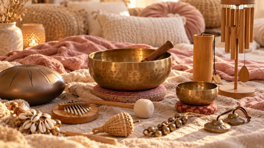 Un bol tibétain et plusieurs instruments de relaxation musicale