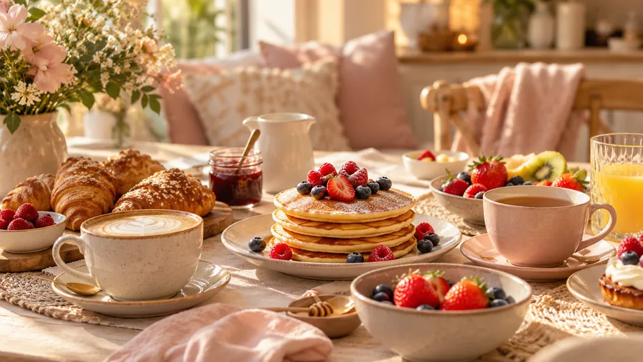 Une table de brunch avec des pancakes, du thé, du café et des fruits